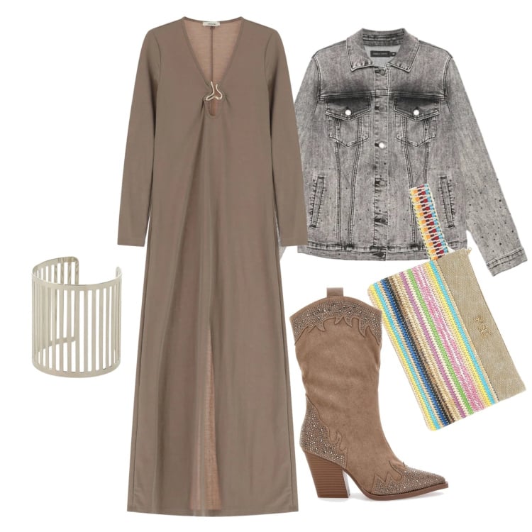 Outfit donna - Marzo. Stile Trendy per Tutti i giorni. Abbinamento con blazer, vestiti lunghi, braccialetti, stivali, pochette.