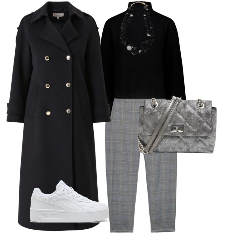 Outfit donna - Woman in black. Stile Casual chic per Serata fuori. Abbinamento con borse a tracolla, collane, pantaloni, cappotti, maglieria, sneakers.
