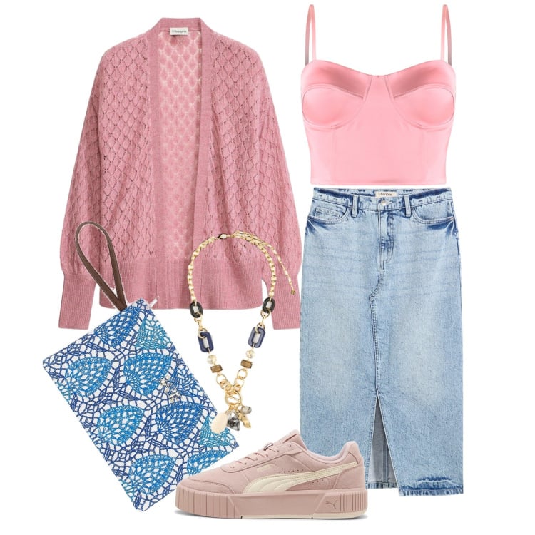 Outfit donna - Marzo. Stile Glamour per Tutti i giorni. Abbinamento con gonne longuette, cardigans, collane, canottiere, pochette, sneakers.