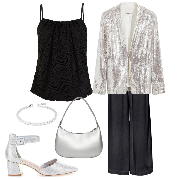 Outfit donna - Riflessi d\'argento. Stile Glamour per Serata fuori. Abbinamento con pantaloni, top, blazer, borse a tracolla, braccialetti, décolleté.