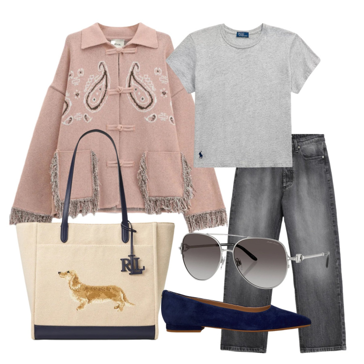 Outfit donna - Marzo. Stile Trendy per Tutti i giorni. Abbinamento con cardigans, jeans, ballerine, occhiali da sole, t-shirt, borse tote.