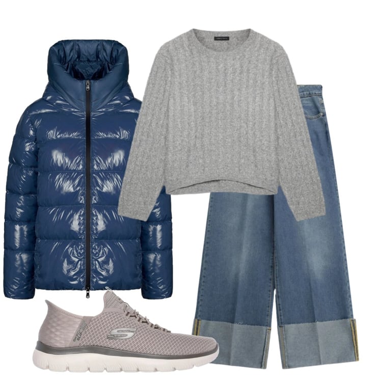 Outfit donna - Total look #2354307. Stile Casual per Scuola/Università. Abbinamento con maglieria, piumini, jeans, sneakers.