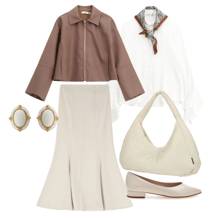 Outfit donna - Marzo. Stile Casual chic per Tutti i giorni. Abbinamento con gonne, orecchini, camicie, blazer, borse a spalla, ballerine.