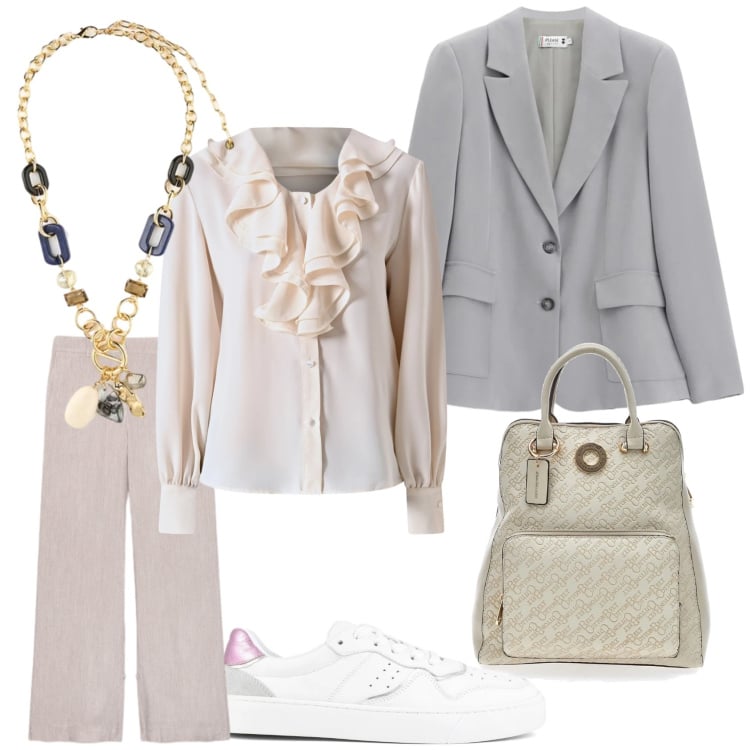 Outfit donna - Total look #2354309. Stile Casual chic per Tutti i giorni. Abbinamento con collane, pantaloni, blazer, bluse, sneakers, zaini.