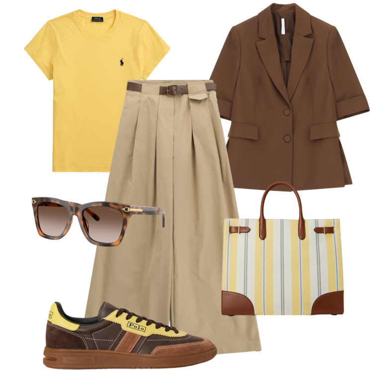 Outfit donna - Giallo e cioccolato. Stile Casual chic per Tutti i giorni. Abbinamento con blazer, pantaloni a palazzo, occhiali da sole, sneakers, t-shirt, borse tote.