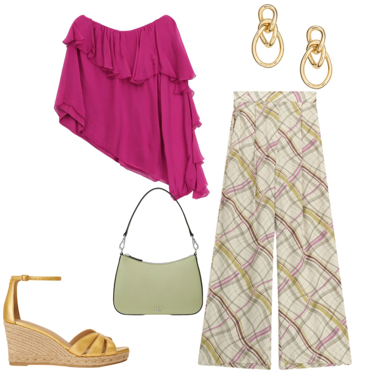 Outfit donna - Magenta Ruffle. Stile Trendy per Tutti i giorni. Abbinamento con bluse, pantaloni a palazzo, borse a spalla, orecchini, zeppe.