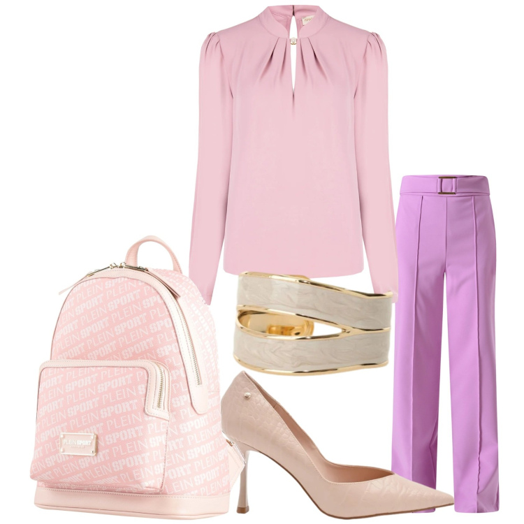 Outfit donna - Pink 4ever. Stile Chic per Serata fuori. Abbinamento con zaini, anelli, décolleté, bluse, pantaloni.