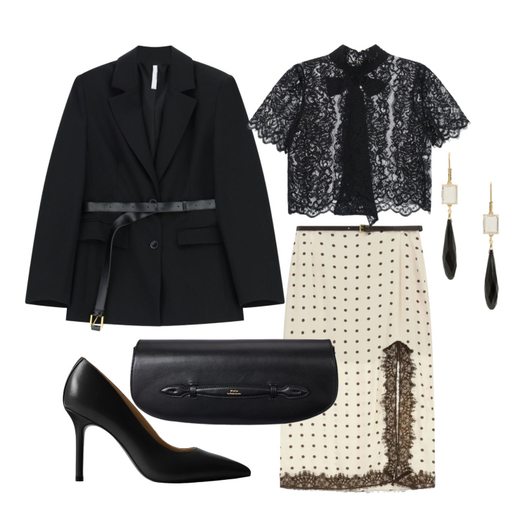 Outfit donna - Marzo. Stile Chic per Cerimonia. Abbinamento con blazer, top, gonne lunghe, clutch, décolleté, orecchini.
