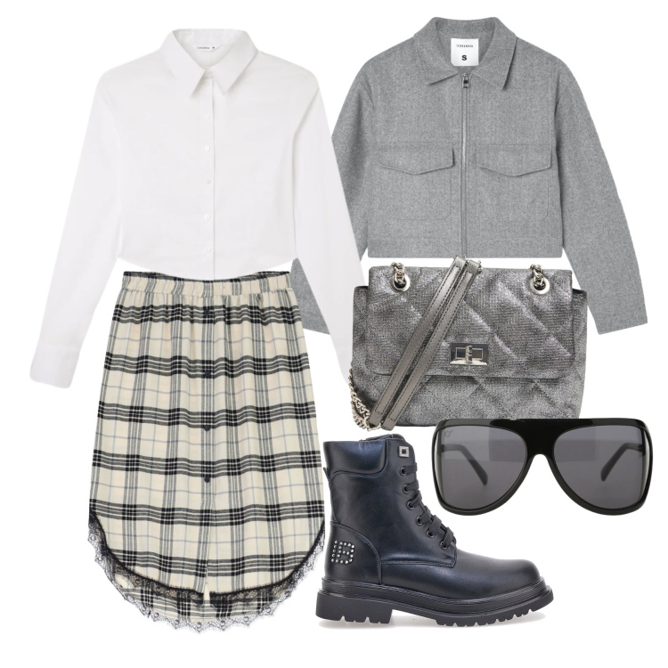 Outfit donna - Marzo. Stile Trendy per Tutti i giorni. Abbinamento con blazer, borse a tracolla, camicie, occhiali da sole, gonne, anfibi.