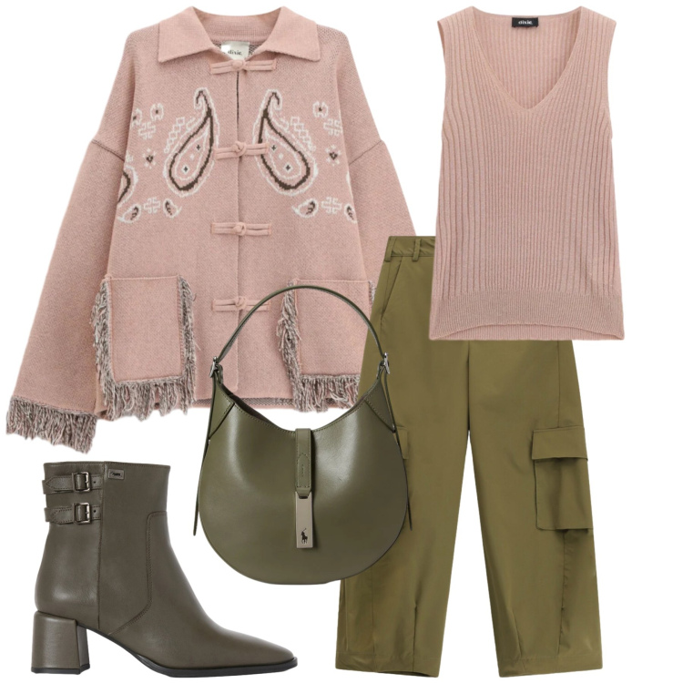 Outfit donna - Total look #2354322. Stile Casual per Tutti i giorni. Abbinamento con stivaletti, cardigans, pantaloni a palazzo, top, borse a spalla.