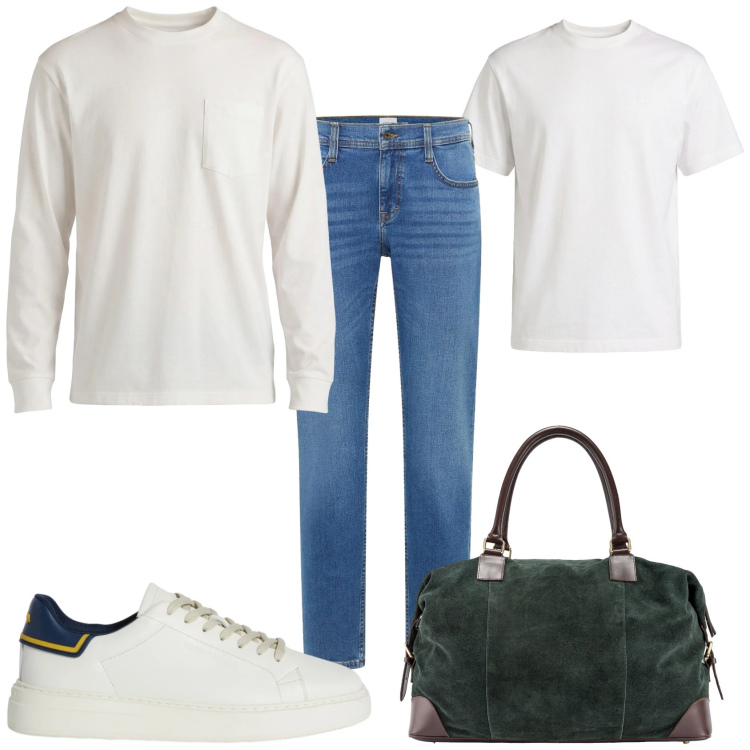 Outfit uomo - In viaggio. Stile Casual per Tutti i giorni. Abbinamento con jeans bootcut, sneakers, t-shirt, t-shirt, borse sportive.