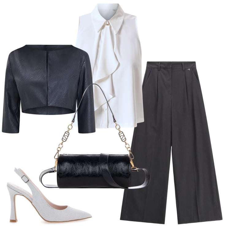 Outfit donna - Total look #2354327. Stile Trendy per Serata fuori. Abbinamento con bolero, borse a mano, camicie, pantaloni a palazzo, décolleté.