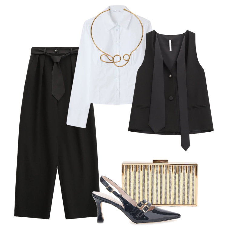Outfit donna - I pantaloni con la cravatta. Stile Chic per Serata fuori. Abbinamento con camicie, top, pantaloni, collane, clutch, décolleté.