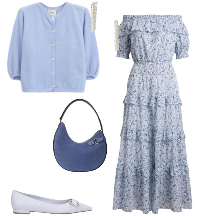 Outfit donna - Cerimonia tempo libero. Stile Romantica per Cerimonia. Abbinamento con ballerine, orecchini, borse a spalla, vestiti, cardigans.