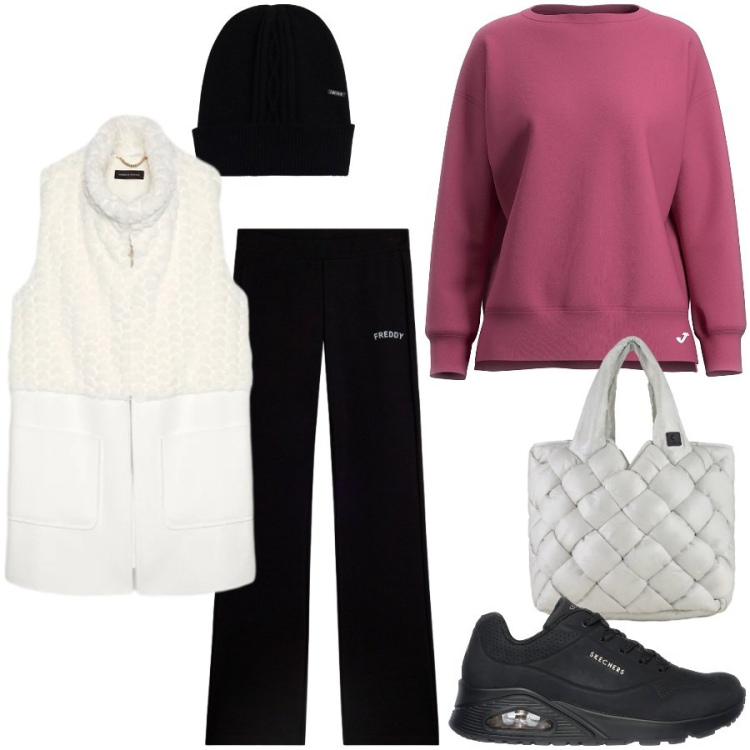 Outfit donna - Total look #2354339. Stile Sporty chic per Tutti i giorni. Abbinamento con gilet, berretti, pantaloni, borse tote, felpe, sneakers.