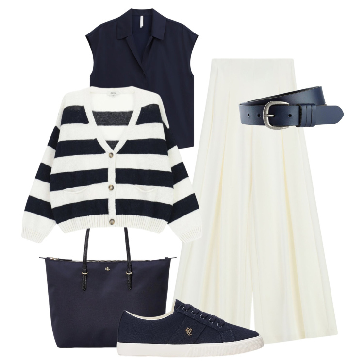 Outfit donna - Blu navy e bianco. Stile Casual chic per Ufficio. Abbinamento con cinture, camicie a manica corta, pantaloni a palazzo, cardigans, borse tote, sneakers.