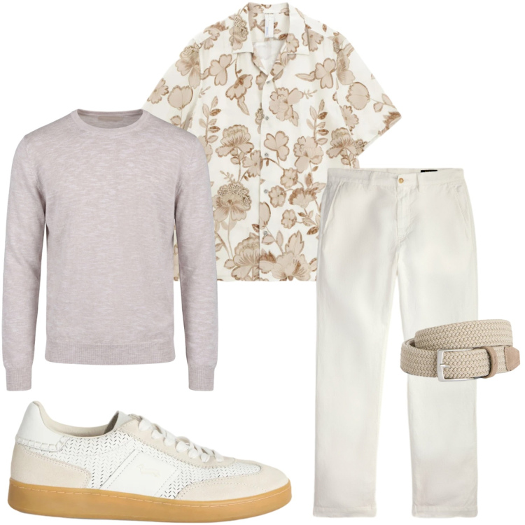 Outfit uomo - Tonalità soft. Stile Trendy per Tutti i giorni. Abbinamento con sneakers, cinture, pullovers, camicie a manica corta, pantaloni.