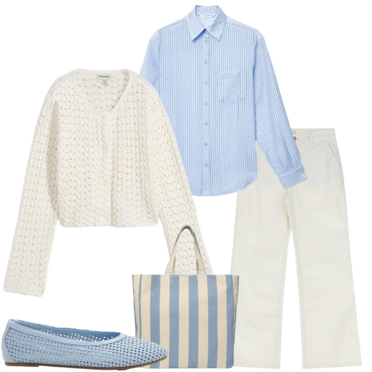 Outfit donna - Colori pastello. Stile Casual chic per Tutti i giorni. Abbinamento con cardigans, ballerine, camicie, shopping bag, jeans.