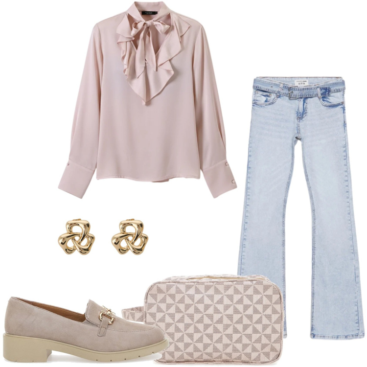 Outfit donna - Camicia con fiocco. Stile Urban per Tutti i giorni. Abbinamento con jeans a zampa, orecchini, bluse, mocassini, valigie.