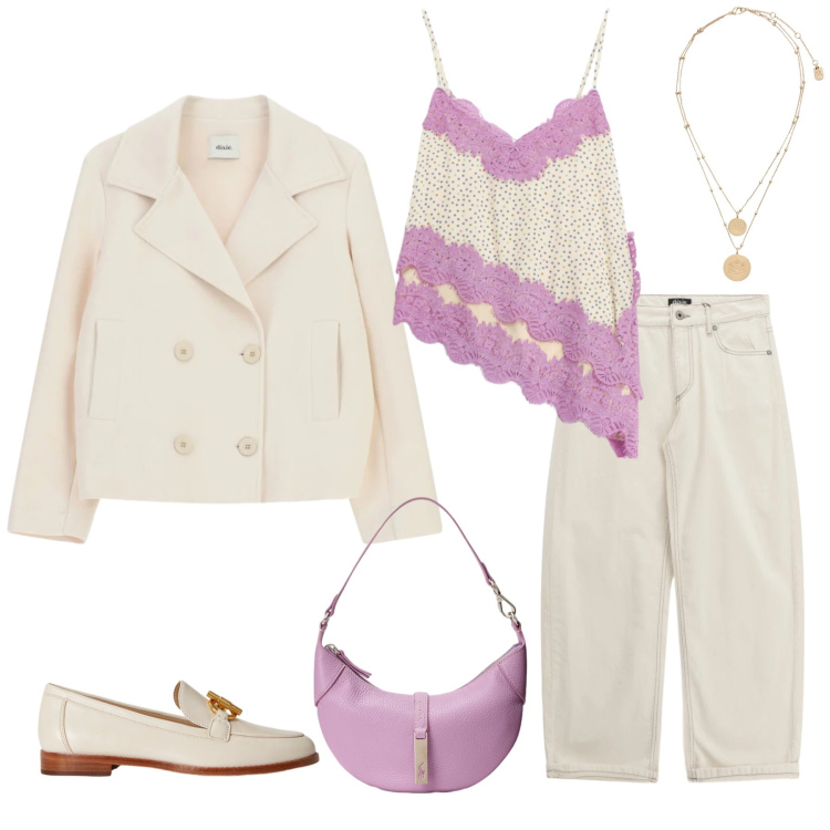 Outfit donna - Lavender Dream. Stile Casual chic per Tutti i giorni. Abbinamento con blazer, top, pantaloni, ciondoli, borse a spalla, mocassini.