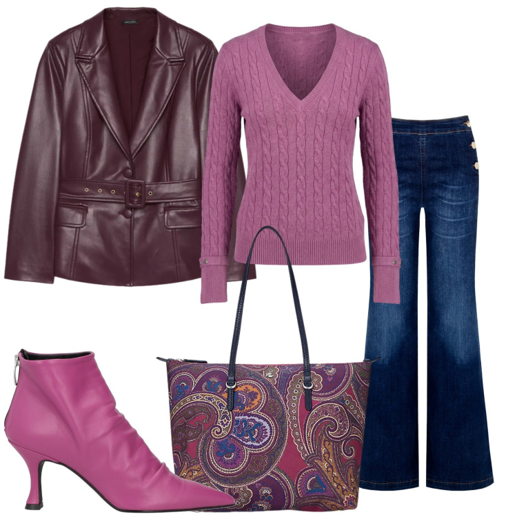 Outfit donna - Pizza con amici. Stile Casual chic per Serata fuori. Abbinamento con stivaletti, pullovers, blazer, jeans, borse tote.