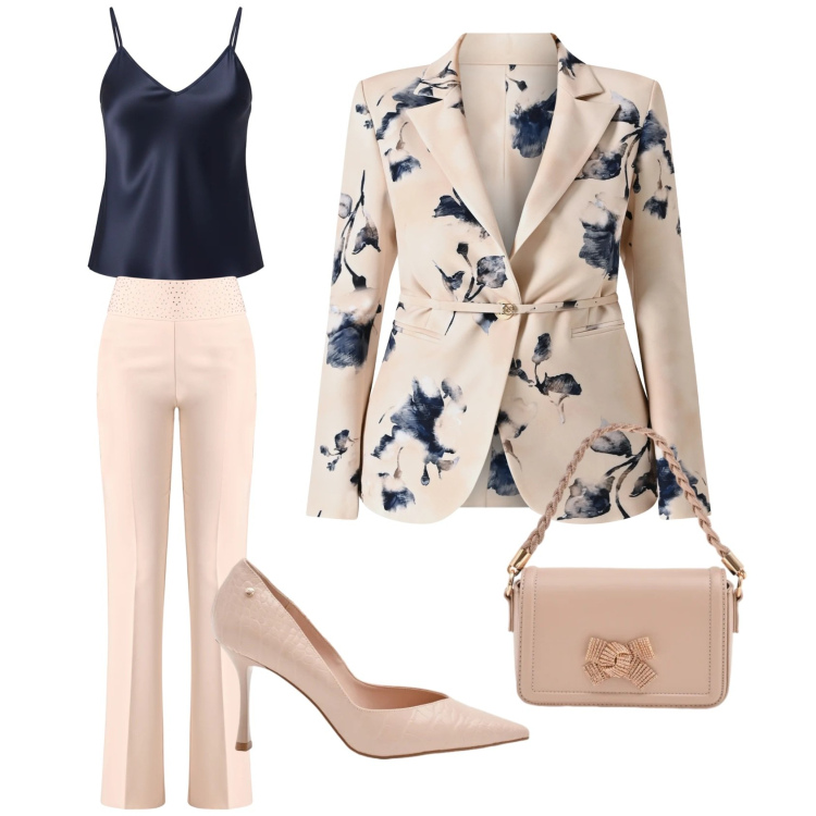 Outfit donna - Il tallier cerimonia di primavera. Stile Casual chic per Cerimonia. Abbinamento con canottiere, pochette, décolleté, pantaloni, blazer.
