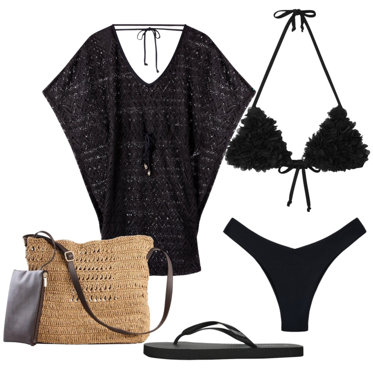 Outfit donna - Total look #2354386. Stile Basic per Mare. Abbinamento con borse a tracolla, vestiti da spiaggia, bikini, bikini, infradito.