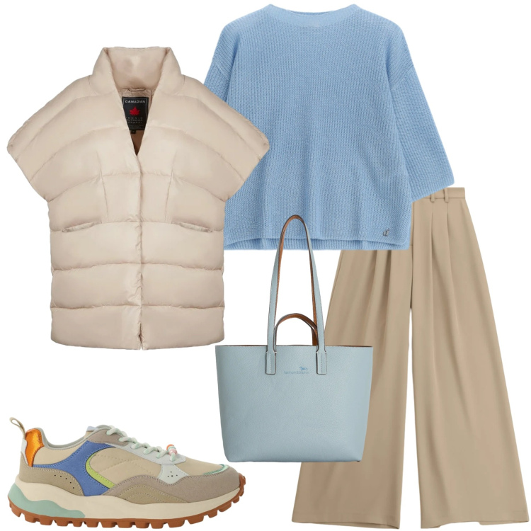 Outfit donna - Tessuti morbidi. Stile Casual chic per Tutti i giorni. Abbinamento con shopping bag, maglieria, sneakers, pantaloni a palazzo, piumini.