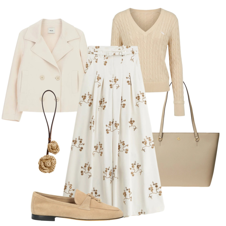 Outfit donna - Fiorellini a cena. Stile Glamour per Serata fuori. Abbinamento con mocassini, pullovers, pantaloni a palazzo, blazer, ciondoli, borse tote.