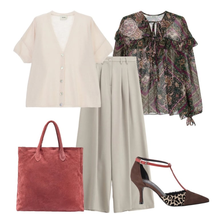 Outfit donna - Spring. Stile Bon Ton per Tutti i giorni. Abbinamento con décolleté, camicie, cardigans, pantaloni a palazzo, borse a mano.