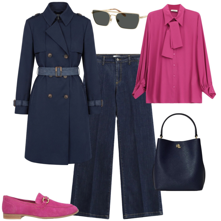 Outfit donna - Trendy ufficio tempo libero. Stile Trendy per Tutti i giorni. Abbinamento con mocassini, trench, camicie, jeans, borse a secchiello, occhiali da sole.