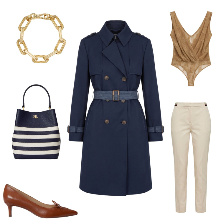 Outfit donna - Blue trench. Stile Casual chic per Tutti i giorni. look ideale per Tall. Abbinamento con top, trench, pantaloni chino, décolleté, borse a secchiello, braccialetti.