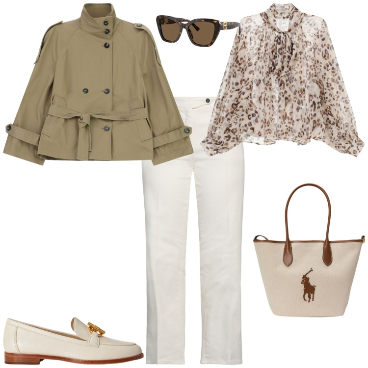 Outfit donna - Trendy ufficio tempo libero. Stile Trendy per Tutti i giorni. Abbinamento con jeans dritti, trench, camicie, mocassini, occhiali da sole, borse tote.