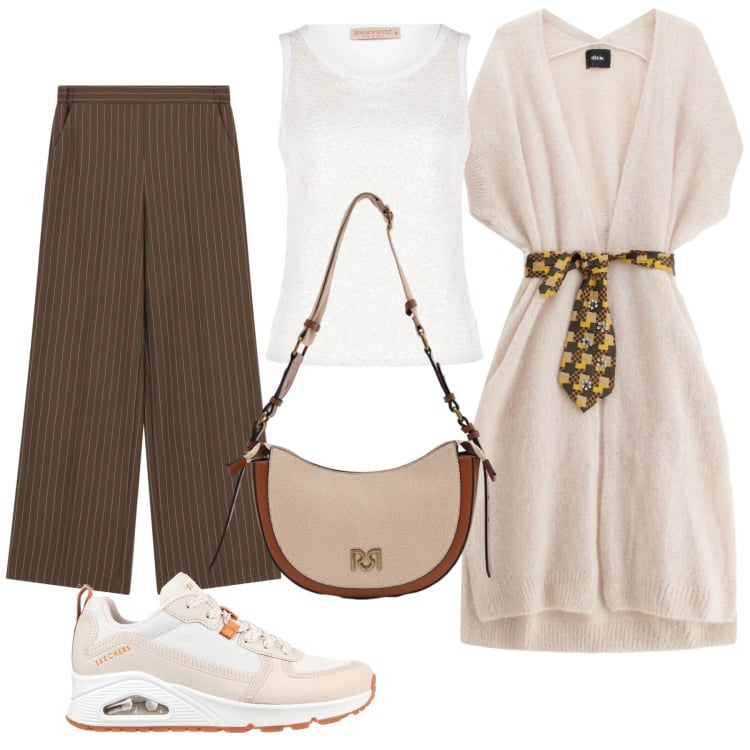 Outfit donna - Total look #2354401. Stile Trendy per Tutti i giorni. Abbinamento con pantaloni a palazzo, gilet, borse a tracolla, canottiere, sneakers alte.