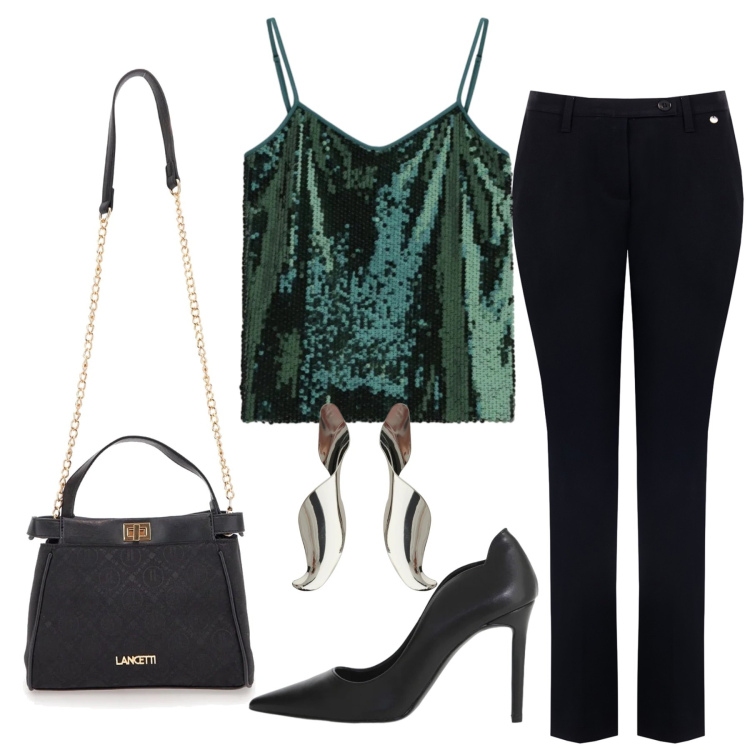 Outfit donna - Total look #2354404. Stile Chic per Serata fuori. Abbinamento con décolleté, orecchini, top, pantaloni, borse a tracolla.