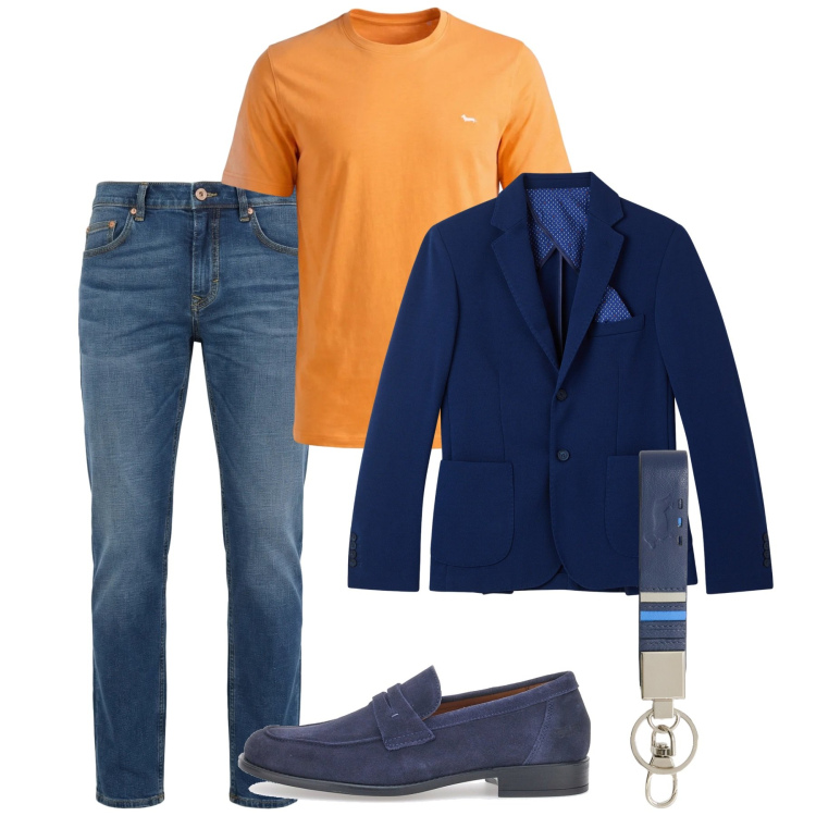 Outfit uomo - Primavera marzo. Stile Casual per Tutti i giorni. Abbinamento con portachiavi, jeans, t-shirt, giacche, scarpe stringate.