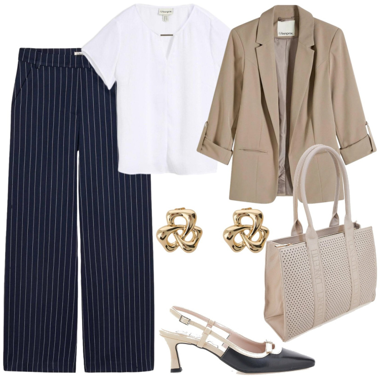 Outfit donna - Una calda primavera. Stile Chic per Tutti i giorni. Abbinamento con pantaloni, blazer, bluse, orecchini, décolleté, borse a spalla.