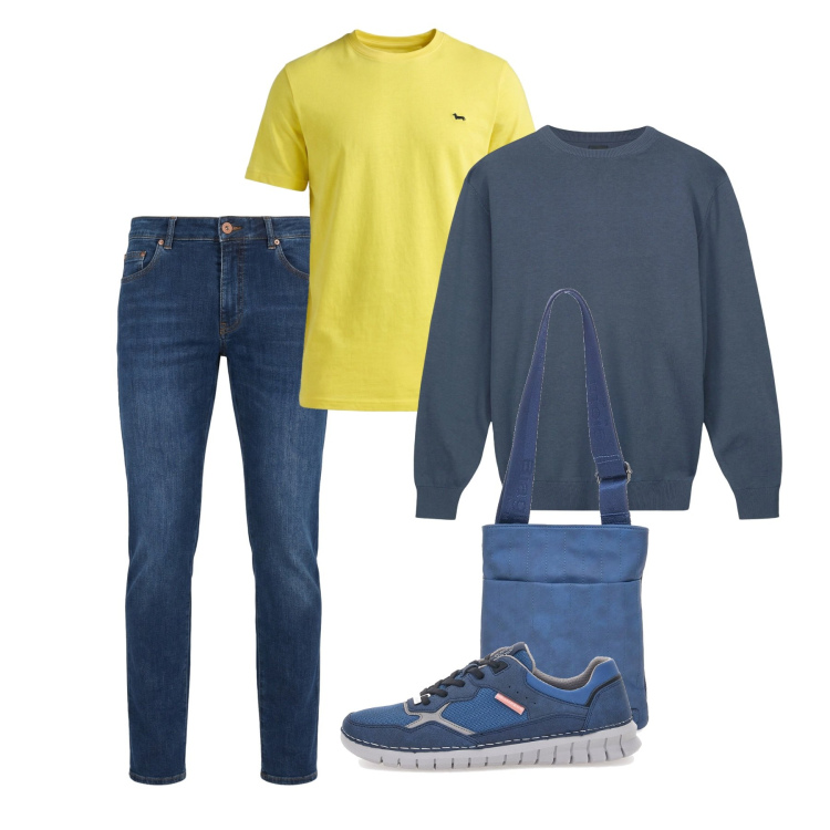 Outfit uomo - Primavera. Stile Casual per Tutti i giorni. Abbinamento con jeans, t-shirt, sneakers, portafogli, maglieria.