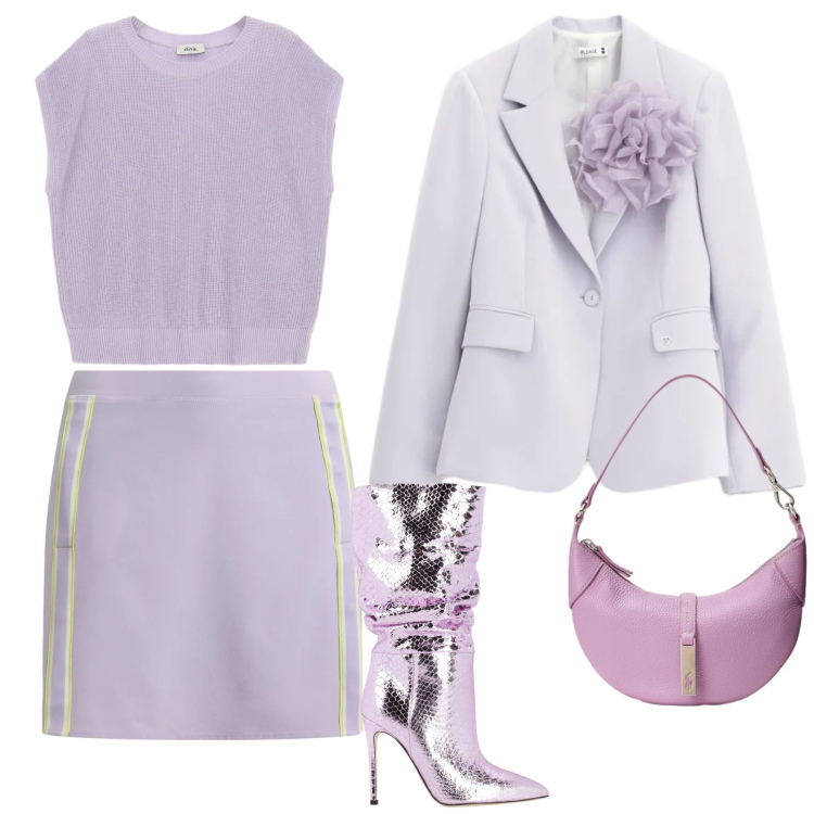Outfit donna - Look lillà. Stile Chic per Serata fuori. Abbinamento con stivali, top, blazer, borse a spalla, minigonne.
