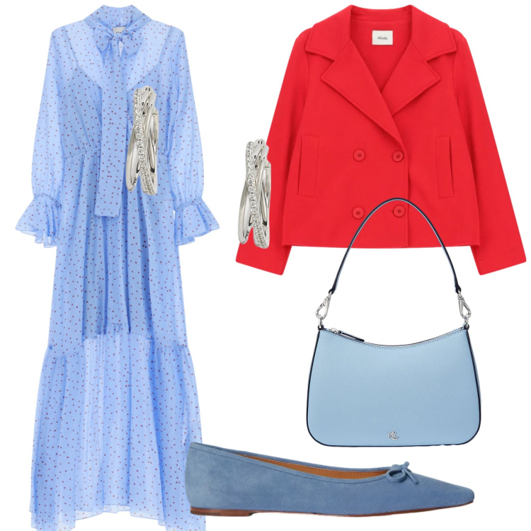 Outfit donna - Look. Stile Romantica per Tutti i giorni. Abbinamento con blazer, vestiti lunghi, borse a spalla, ballerine, orecchini.