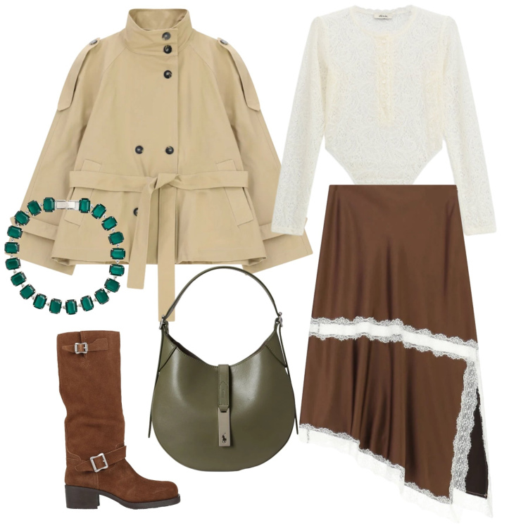 Outfit donna - Urban Safari & Lace Whisper. Stile Boho per Tutti i giorni. Abbinamento con stivali, gonne longuette, trench, body, borse a spalla, braccialetti.