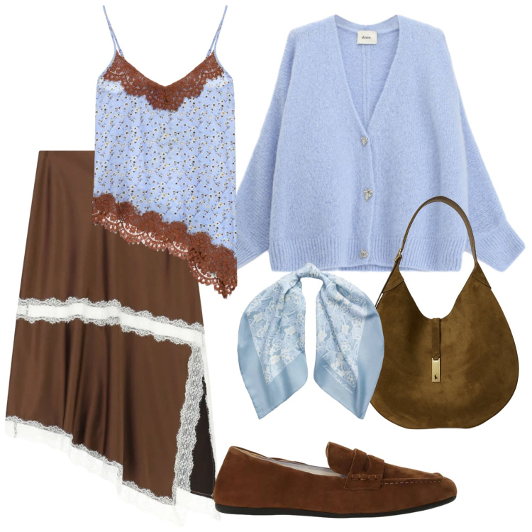 Outfit donna - Look. Stile Romantica per Tutti i giorni. Abbinamento con gonne longuette, cardigans, top, mocassini, borse a spalla, foulard.