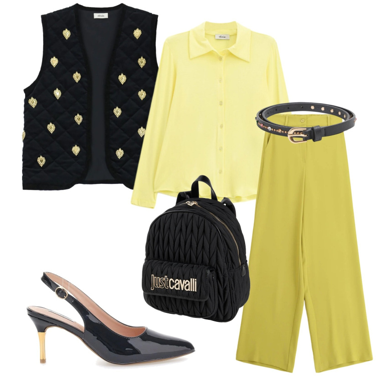 Outfit donna - Total look #2354421. Stile Chic per Serata fuori. Abbinamento con zaini, cinture, gilet, camicie, pantaloni a palazzo, décolleté.