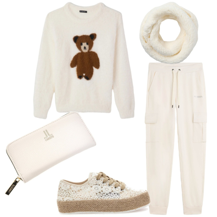 Outfit donna - Total look #2354422. Stile Sporty chic per Tutti i giorni. Abbinamento con sciarpe, pullovers, pantaloni sportivi, sneakers, portafogli.