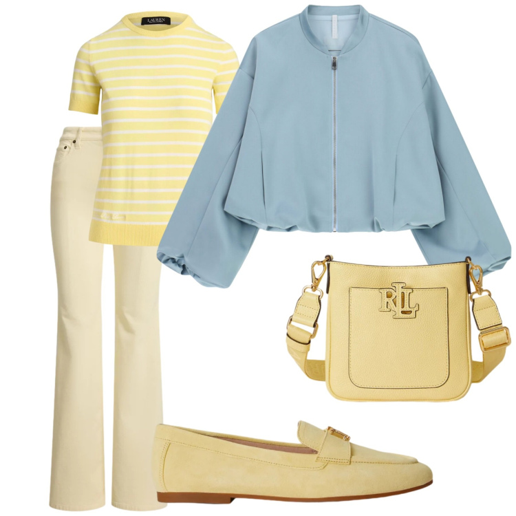 Outfit donna - Look primavera. Stile Casual per Tutti i giorni. Abbinamento con bomber, pantaloni, borse a tracolla, maglieria, mocassini.