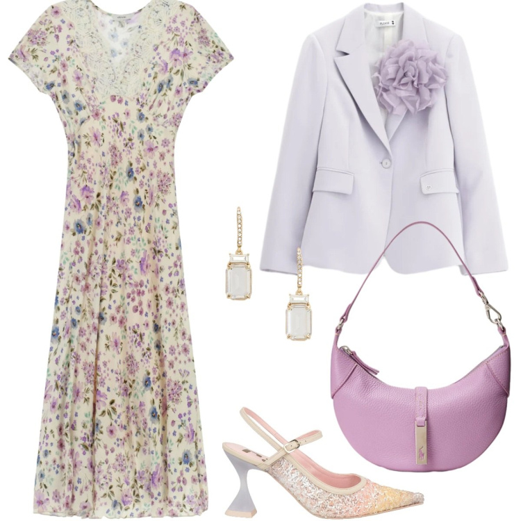 Outfit donna - Total look #2354426. Stile Romantica per Cerimonia. Abbinamento con décolleté, vestiti midi/longuette, blazer, borse a spalla, orecchini.