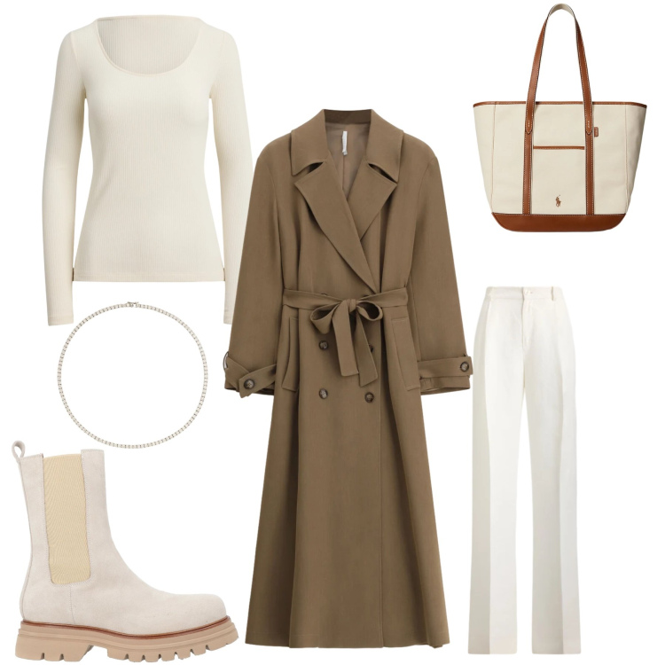 Outfit donna - Urban Chic & Toni Terrosi. Stile Glamour per Tutti i giorni. Abbinamento con stivaletti, trench, borse tote, t-shirt, collane, pantaloni.