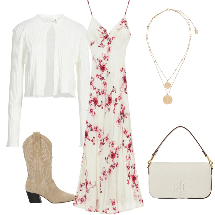 Outfit donna - Incanto Floreale & Spirito Western. Stile Glamour per Tutti i giorni. Abbinamento con stivali, cardigans, vestiti lunghi, ciondoli, borse a spalla.