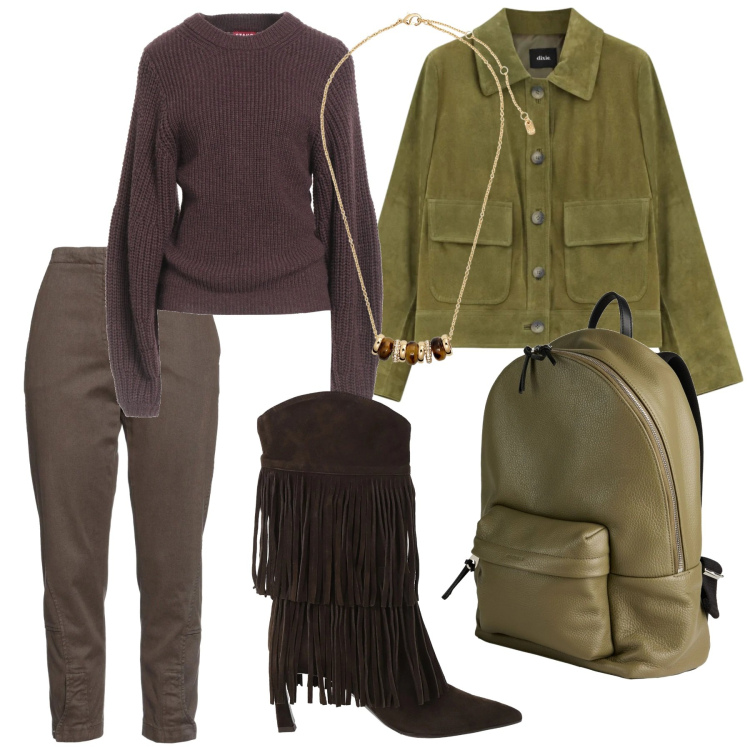 Outfit donna - Look. Stile Casual per Tutti i giorni. Abbinamento con pullovers, jeans slim fit, zaini, stivali, giacche, collane.