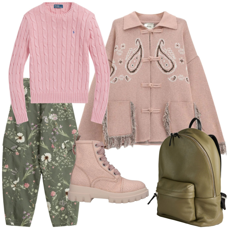 Outfit donna - Look. Stile Casual per Tutti i giorni. Abbinamento con stivaletti, zaini, cardigans, pantaloni cargo, maglieria.